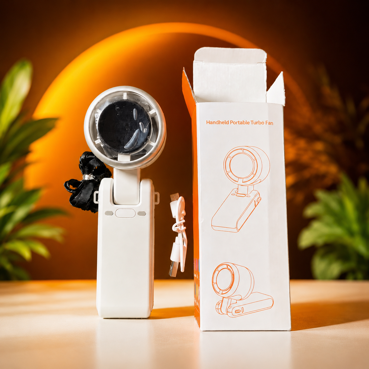 Handheld Portable Turbo Fan with packaging and USB cable