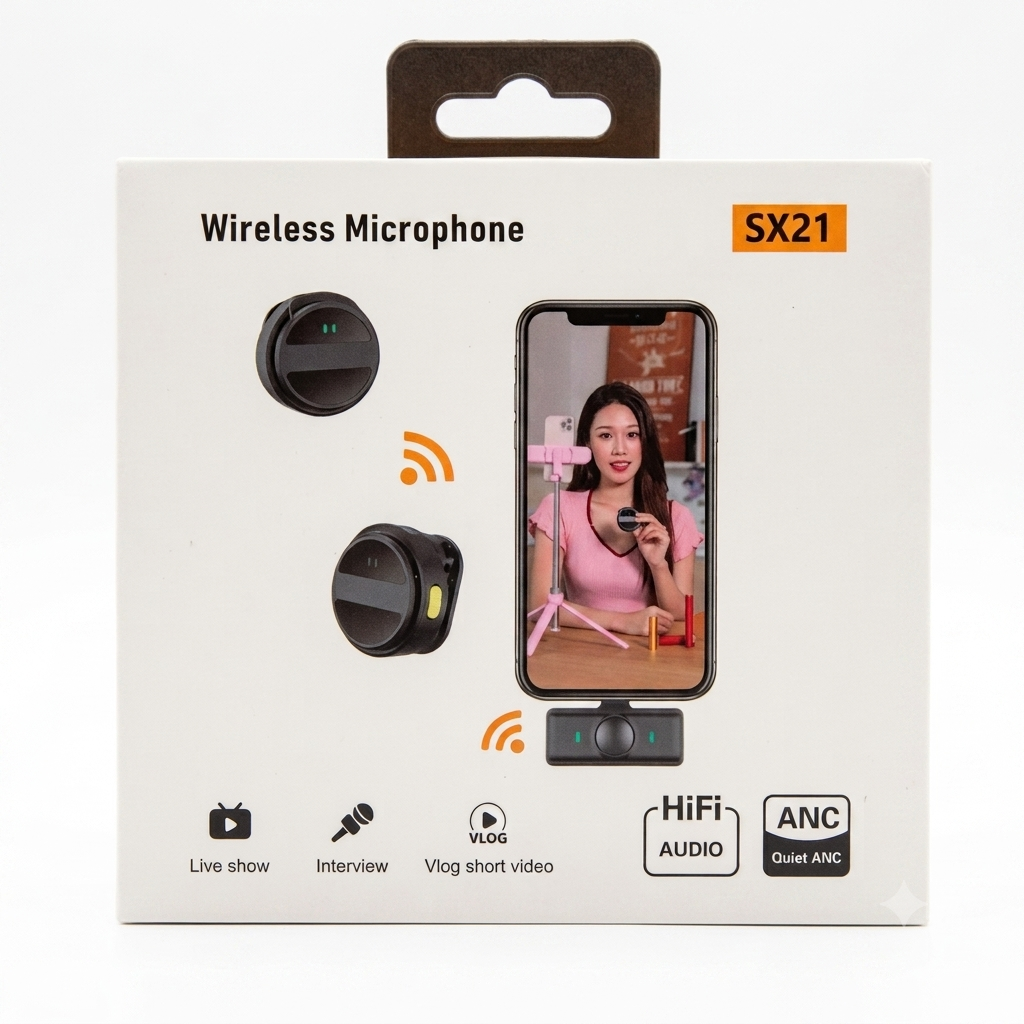 SX21 Wireless Microphone with ANC Noise Reduction for Smartphone Vlog and Live Stream Image Title: SX21 Wireless Lavalier Microphone Box Packaging